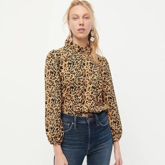 J. Crew Ruffle Neck Crepe Top Long Sleeve Blouse in Leopard Print Sz S - Picture 1 of 11